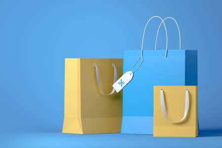 Paper packages and discount label, good price on light blue background. Concept of a special offer....