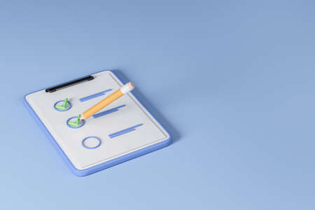 Top view of checklist with tick on sheet of paper, cartoon pencil on light blue background. Concept...