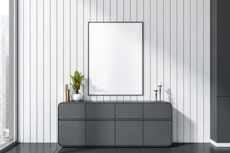 Office corner interior with sideboard and minimalist decoration, front view, dark tile floor. Window on city view. Mock up poster on white wall. 3D renderingの写真素材