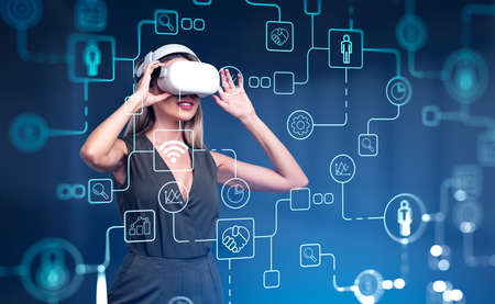 Office woman smiling in vr goggles, circuit of network connection in cyberspace and business icons,...