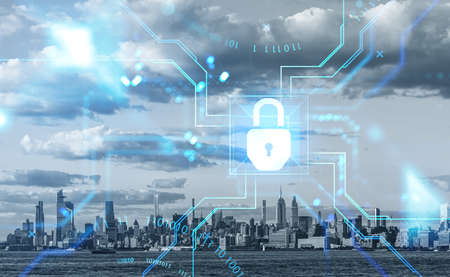 New York cityscape and waterfront. Big data and cybersecurity, binary protection. Padlock icon,...