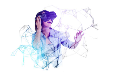 Joyful woman in vr headset, smiling hand touch cyberspace hologram and circuit of connection. Game...