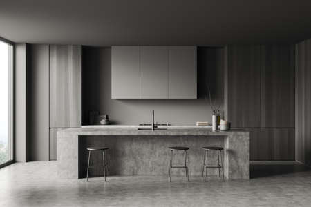 Dark cooking interior with bar chairs and countertop, gray concrete floor. Cupboard and kitchenware...