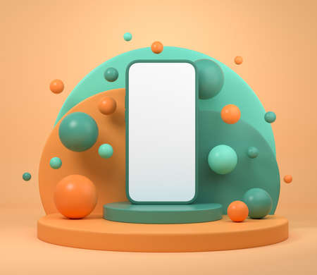 Smartphone on cylinder podium, stage with balls and bright arches. Concept of website. Mock up copy...