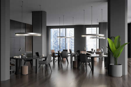 Dark coworking room interior with armchairs and laptop on table, hardwood floor. Office space with...