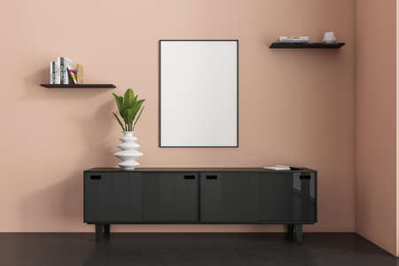 Front view on pink living room interior with empty white poster, sideboard with shelves with books...