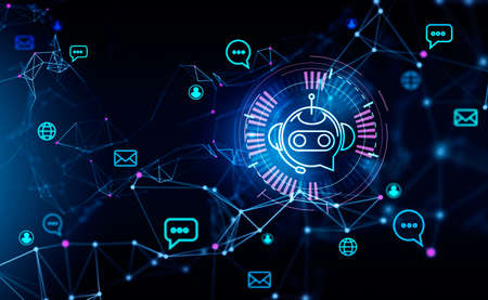 Voice chat digital hologram, bot icon and social network circuit. Artificial intelligence, online...