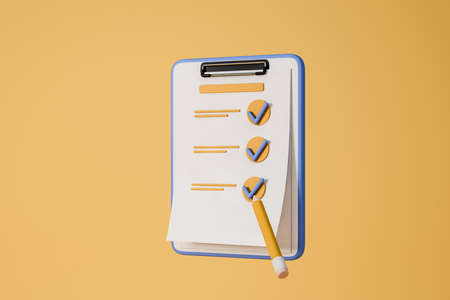 Checklist with tick on sheet of paper, cartoon pencil on light yellow background. Concept of plans and schedule. 3D renderingの写真素材