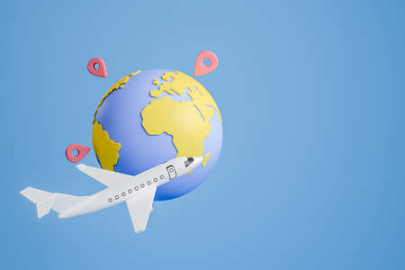 White airplane flying worldwide, earth globe with location pins on blue background. Concept of...