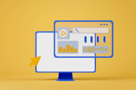 Pc computer blank display, web page with elements on yellow background. Concept of work zone. Mockup copy space screen. 3D renderingの写真素材