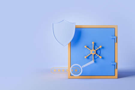 Cartoon safe and shield, magnifying glass and password on light blue background. Concept of saving...