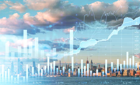Stock market changes, forex business diagram with bar chart and numbers. Double exposure with...