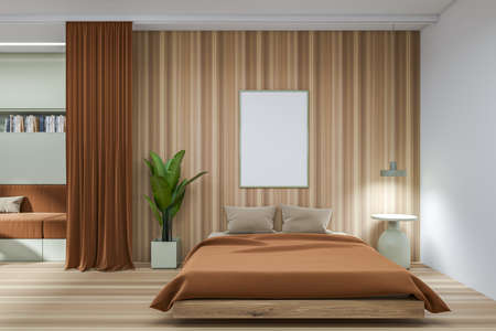 Front view on brown bedroom interior with empty white poster, bed, sofa, bedside, shelf with books, houseplant and oak wooden floor. Concept of minimalist design. creative ideas. Mock up. 3d renderingの写真素材