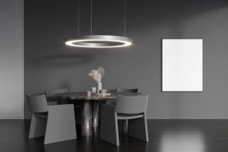 Front view on dark dining room interior with empty white poster, table, armchairs, gray wall and oak...