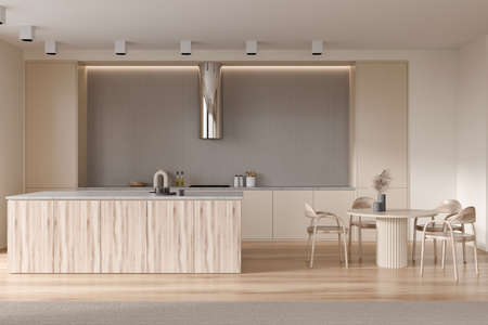 Light kitchen interior with island, eating area with chairs, front view. Cooking space with modern furniture. Deck with stove and hood, hardwood floor. 3D renderingの写真素材