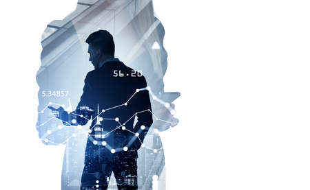 Businessman and businesswoman working together, using mobile app for communication. Double exposure...