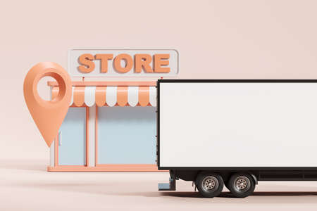 Small store and location pin. Truck mockup copy space on light pink background. Concept of delivery and tracking. 3D renderingの写真素材