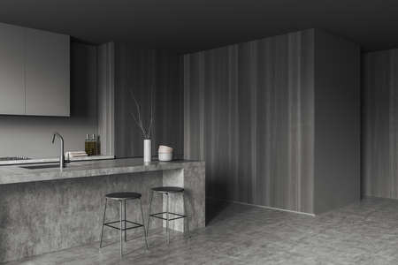 Corner view on dark kitchen room interior with cupboard, gas cooker, gray wall, sink, towels, plates, oil, barstool, concrete floor. Concept of minimalist design. 3d renderingの写真素材