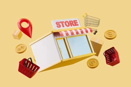 Store and cardboard boxes, coin and shopping basket floating on light yellow background. Concept of purchase and online shopping. 3D renderingの写真素材