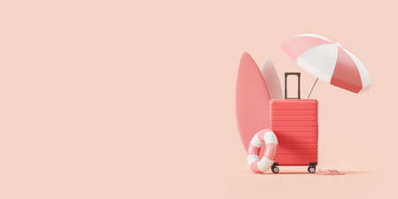 Tropical resort and summer vacation, beach accessories on pink background. Concept of relax and traveling. Mockup copyspace. 3D renderingの写真素材