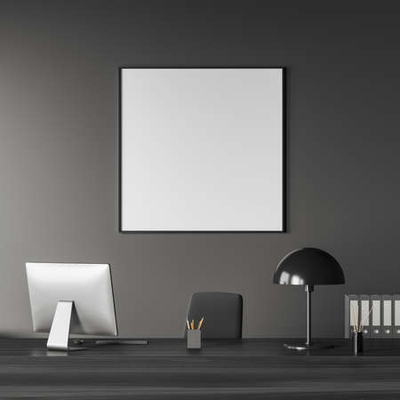 Ceo room interior with pc computer and lamp on desk. Business documents and office tools, reed...