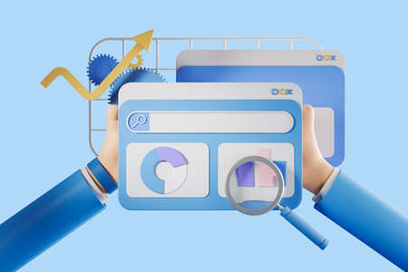 Cartoon hand hold digital tablet, screen with financial data. Arrows and gears on light blue background. Concept of web development and coding. 3D renderingの写真素材