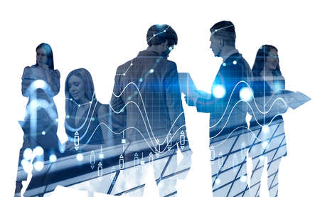 Group of business people wearing formal wear working together trading on stock market. city skyscrapers. Forex candlestick and financial graph and chart. Concept of teamwork, cooperation and coworkingの写真素材