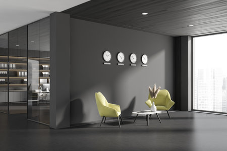Corner view on dark office interior with two green armchairs, panoramic window with view, coffee...