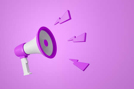 Loudspeaker with sound on purple background, megaphone announcement and social media. Concept of breaking news. 3D renderingの写真素材