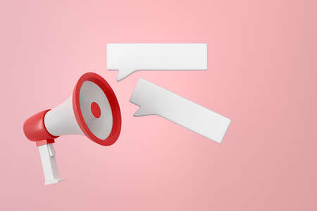Megaphone on light pink background, bubble text message announcement. Bullhorn for advertising. Mockup copyspace. 3D renderingの写真素材