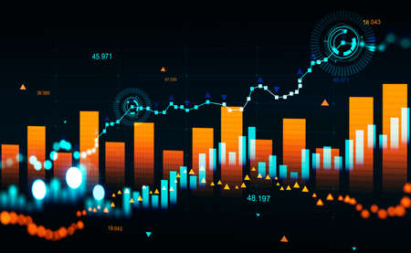 Stock market diagrams, colorful hologram with bar chart and growing lines. Numbers and dynamic...