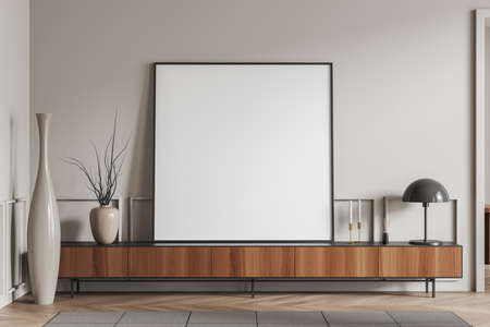 Stylish art room interior with wooden dresser and decoration, front view, vase and carpet on hardwood floor. Mock up square. 3D renderingの写真素材