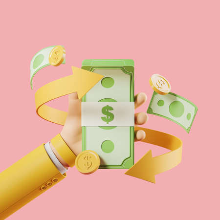 Cartoon hand hold banknotes, gold arrow on pink background. Concept of online payment and cashback. 3D renderingの写真素材