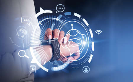 Woman finger touch smart watch, digital chat bot hologram, hud with social network signs. Online communication and device. Concept of helpdesk. 3D renderingの写真素材
