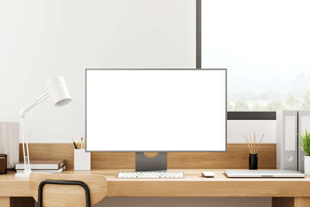 Desktop computer mock up copy space screen, wooden desk with office tools, panoramic window on...