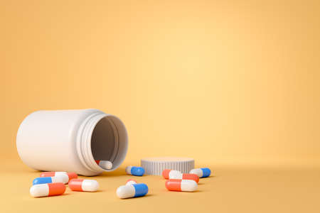 White bottle medicine with capsules on light yellow background. Product name and label empty copy...
