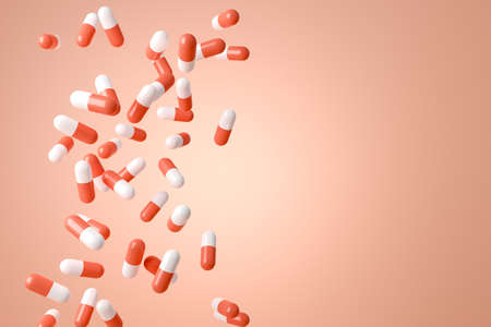 Falling capsules, antibiotics on light pink background. Mockup empty copy space. concept of pharmacy. 3D renderingの写真素材