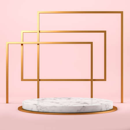 Marble platform and gold line abstract arch. Minimalist mockup for product display, advertising...