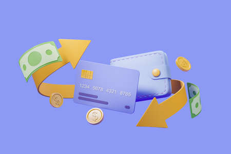 Banknotes and cash money, gold arrow with credit card and wallet on blue background. Concept of...
