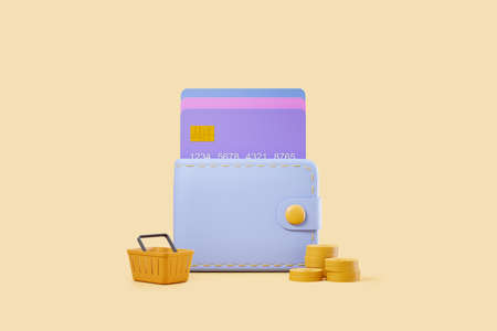 Wallet with credit card, coins and shopping basket on light yellow background. Concept of digital...
