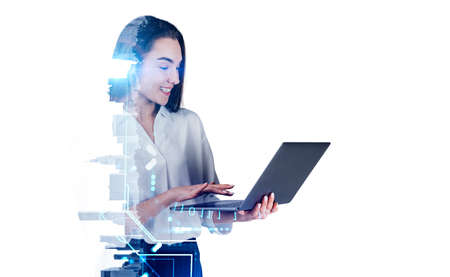 Businesswoman smiling typing on laptop computer, digital hologram with circuit and binary. Double...