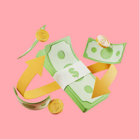 Banknotes and cash money, gold arrow on pink background. Concept of online payment and refund. 3D renderingの写真素材