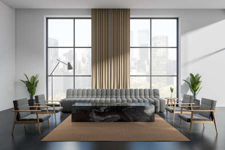 Modern living room interior with sofa, coffee table on carpet and gray concrete floor. Panoramic...