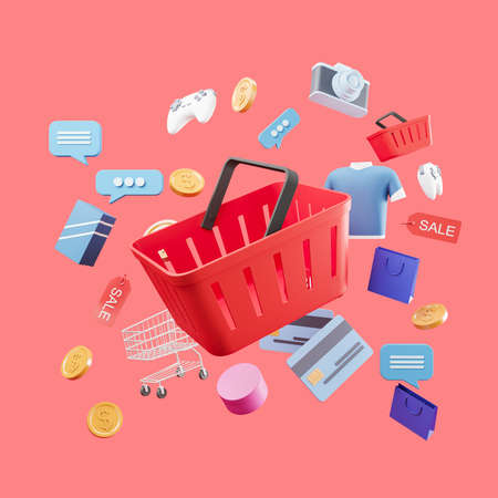 Shopping basket on pink background. Photo camera, gamepad, money and text messages icons. Purchase...
