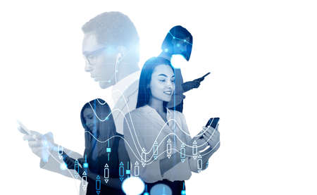 Group of business people wearing formal wear work together on smartphones having conference call....