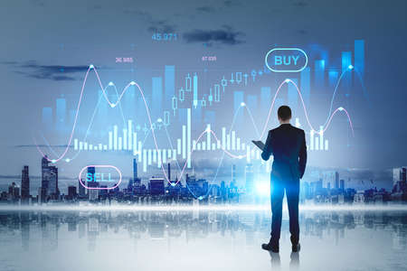 New York skyscrapers financial downtown panoramic view. Businessman watching at digital interface...