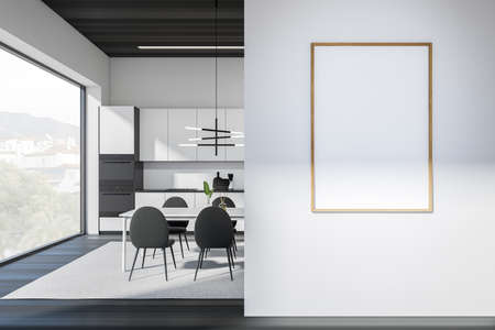 Front view on dark kitchen room interior with empty white poster, dining table with chairs,...