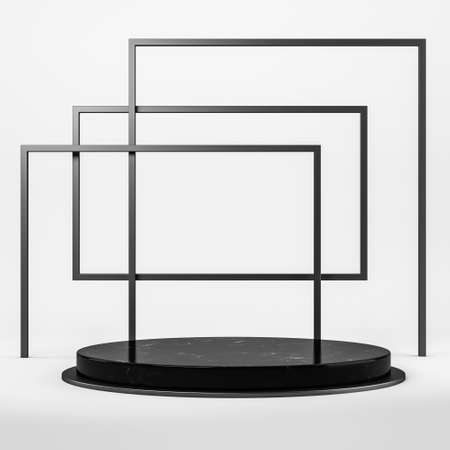 Black marble platform and line frame. Minimalist mockup for product display, advertising goods. Product presentation mock up copy space. 3D renderingの写真素材