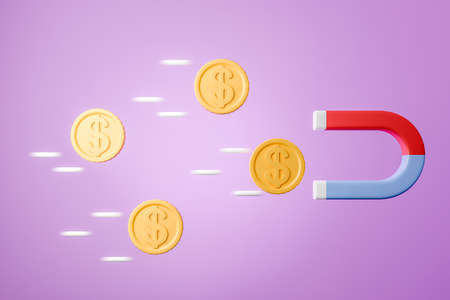 Horseshoe magnet attracts golden coins on purple background. Concept of savings, income and success....