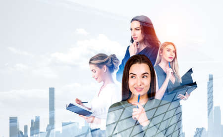 Four businesswoman thinking silhouette, hand on chin. Double exposure with skyscrapers. Business people working together, making up plans. Concept of conference.の写真素材